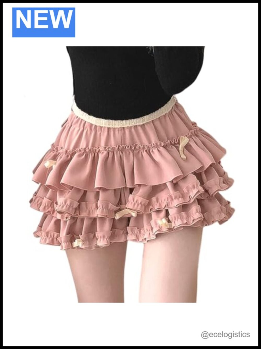 Kawaii Gothic Lolita Tiered Pleated Skirt with Bows, Elastic Waist, Built-in